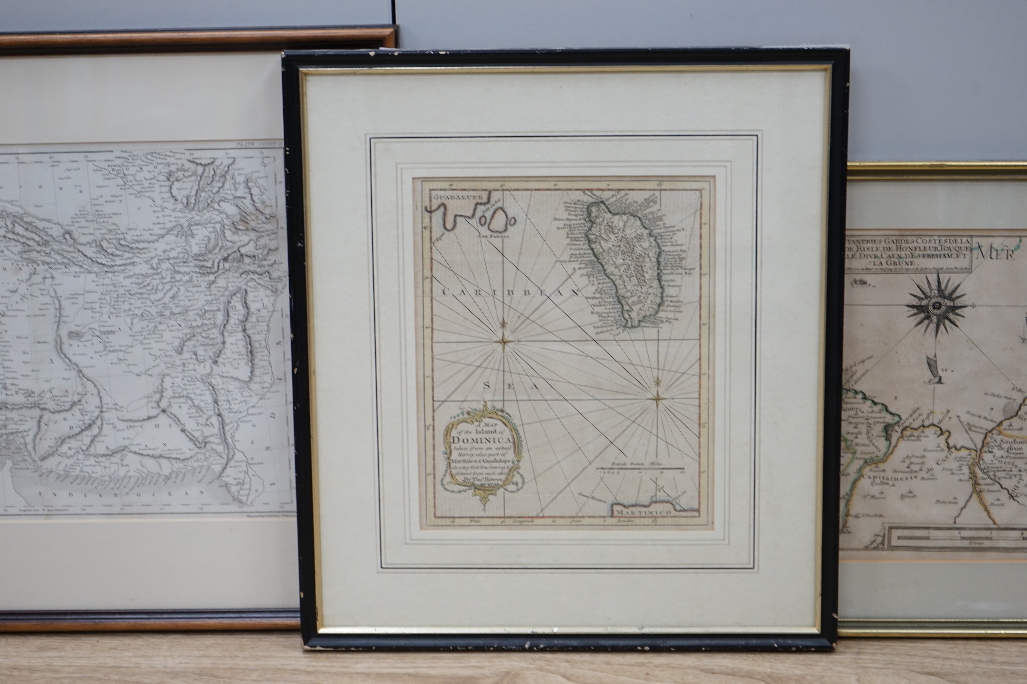 Three 18th / 19th century maps including a map of the Island of Dominica by Thomas Bowen and a map of Persia, largest 26 x 38cm